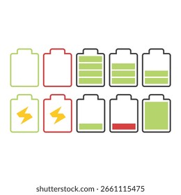 Un conjunto de iconos de batería que representan varios niveles de Recargo, Estado de carga y estados de vaciado en un diseño plano simple y mínimo.