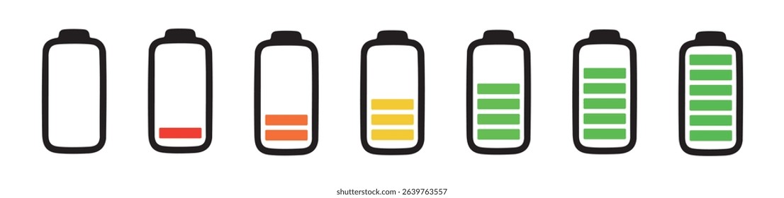 Set of battery icons showing different charge levels, isolated on white background, graphic illustration. concept of energy, power supply, battery life, digital device, charging status.