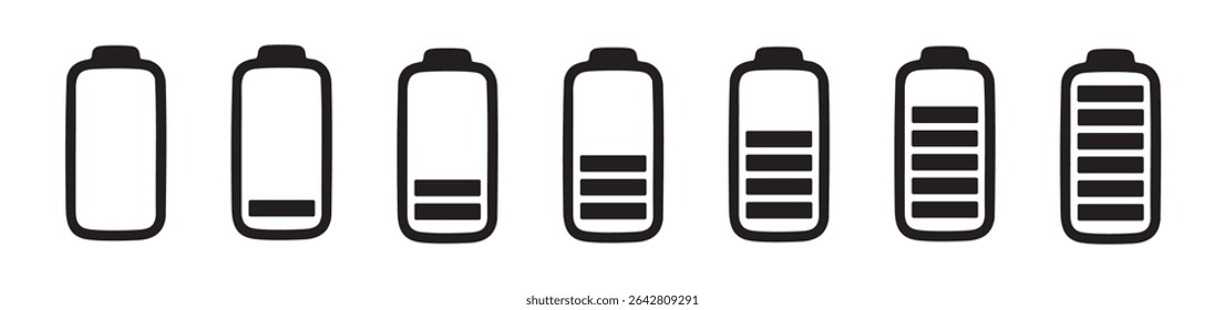 Set of battery icons showing different charge levels, black silhouette on white background. concept of energy, power, charging, technology, renewable energy, design elements.
