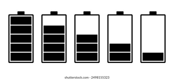 Set of battery icons. Smartphone battery level from low to maximum. Symbol of different level of accumulator charge.  Black Battery icon set isolated on white background. Vector illustration.