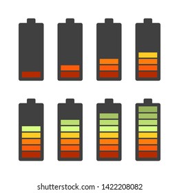 Set of battery icons. Sort by charge level. Black shell Vector illustration on white background.
