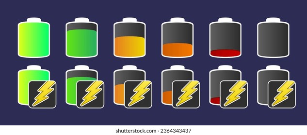 A set of battery icons in vector illustration, isolated against a dark background.