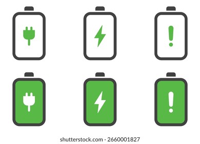 Conjunto de vetor de ícones de bateria para aplicativo móvel e Web. Sinal e símbolo de carregamento de bateria. Bateria descarregada e carregada. Carregando energia. Coleta de energia da bateria.