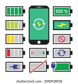 Set of battery indicator icon and mobile touch screen. Illustration, flat vector and mobile phone electrical symbol. Running charge and recharge levels. Colorful power icon.
