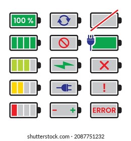 Juego de iconos de indicadores de batería. Ilustración, vector plano y símbolo eléctrico de gadget. Colorido nivel de carga en funcionamiento, recarga de la batería del banco de energía, modo de ahorro de energía. Editable, EPS 10.