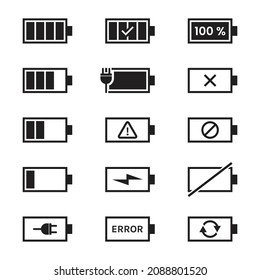 Set of battery indicator icons. Illustration, flat vector and mobile power symbol. Charging level running black and white color, power bank battery charging, energy saving mode. Simple outline icon.