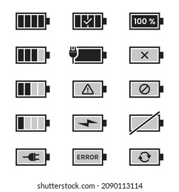 Set of battery indicator icons. Illustration, flat vector and mobile power symbol. Charging level running black and white color, power bank battery charging, energy saving mode. Simple line icon.