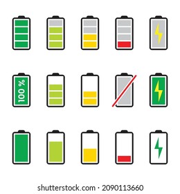 Set of battery indicator icons. Illustration, flat vector and mobile charging symbol. Colorful running charge level, power bank battery charging, energy saving mode. Minimalist design.