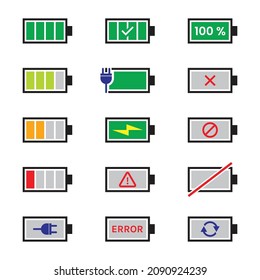 Set of battery indicator icons. Illustration, flat vector and mobile charging symbol. Colorful running charge level, power bank battery charging, energy saving mode. Minimalist design.