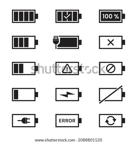 Set of battery indicator icons. Illustration, flat vector and mobile power symbol. Charging level running black and white color, power bank battery charging, energy saving mode. Simple outline icon.