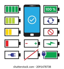 Set of battery indicator icons and touch phone screen. Illustration, flat vector and mobile phone electrical symbol. Running charge level, power bank battery. Colorful icons.
