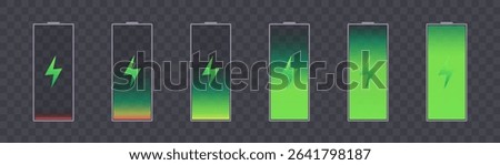 A set of battery indicators with different charge levels from critical to full. Green scale with lightning icon, digital style for UI and HUD interfaces.