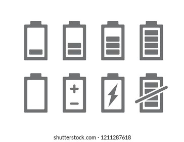 Set of battery indicators icon. Charge level accumulator symbol and sign illustration on white background