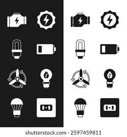 Set Battery, LED light bulb, Check engine, Lightning bolt, Wind turbine, with leaf, Electrical outlet and  icon. Vector