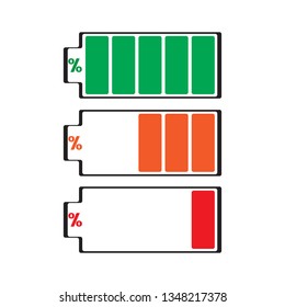 Set of battery level icons. Full, partial, low power. Isolated vector illustration.