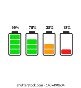 Set of battery level indicator icons isolated on white background. Vector icon for ui design of phone, tablet and other devices.