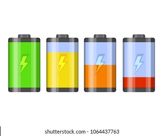 Set of battery level indicator vector icons. Glossy transparent Battery with lightning isolated on white background. Vector illustration