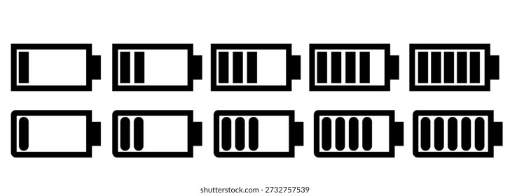 Conjunto de indicadores de nível de bateria para interface de smartphone. Ícones de bateria de smartphone mostrando carga baixa, média e completa.