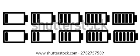 Set of battery level indicators for smartphone interface. Smartphone battery icons showing low, medium, and full charge.