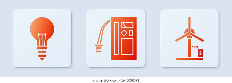 Set Battery, Light bulb with concept of idea and Wind turbine. White square button. Vector