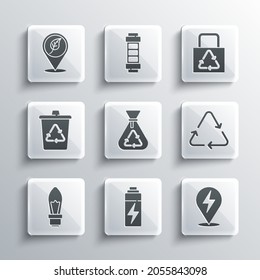 Set Battery, Lightning bolt, Recycle symbol, Garbage bag with recycle, bulb, bin, Location leaf and Paper icon. Vector