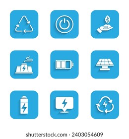 Set Battery, Lightning bolt, with recycle, Solar energy panel, Power station plant factory, Plant hand and Recycle symbol icon. Vector