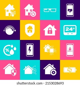 Set Battery, Mobile und Passwort Schutz, Thermostat, Smart Brillen, Haus unter, Temperatur und Symbol. Vektorgrafik