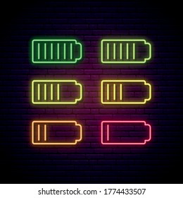 Set Of Battery Neon Sign. 6 Glowing Neon Charger Icons. Vector Symbol Of Low And Full Battery.