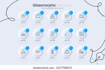 Set of Battery, Online storage and Warning line icons for web app. Fuel price, Airplane, Hand baggage icons. E-bike, Food delivery, Car charging signs. Gps, No handbag, Ambulance car. Vector