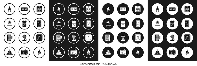 Batterien in Packung setzen, Autobatterie, Solarkollektion und Sonne, Elektrische Steckdose, Schaltschrank, Steckdose, Lichtschalter und Icon. Vektorgrafik