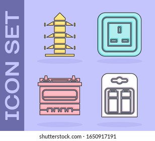 Set Battery in pack, High voltage power pole line, Car battery and Electrical outlet icon. Vector