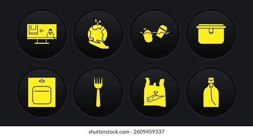 Set Battery in pack, Lunch box, Disposable plastic fork, Dead bird,, Problem pollution of the ocean, Hand holding Earth globe, Bottle liquid soap and Stop icon. Vector