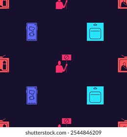 Set Battery in pack, Megaphone on mobile, Nature saving protest and Stop plastic pollution on seamless pattern. Vector