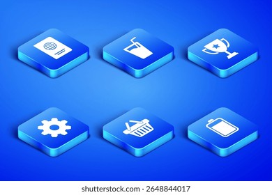 Set Battery, Passport, Shopping basket, Cogwheel gear settings, Glass with water and Trophy cup icon. Vector