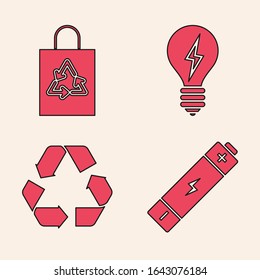 Set Battery, Plastic bag with recycle, Light bulb with lightning symbol and Recycle symbol icon. Vector