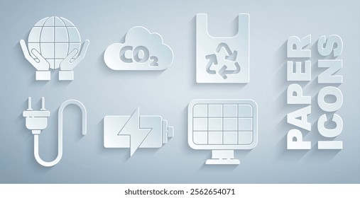 Set Battery, Plastic bag with recycle, Electric plug, Solar energy panel, CO2 emissions in cloud and Hands holding Earth globe icon. Vector