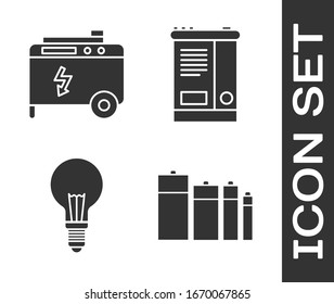 Set Battery, Portable power electric generator, Light bulb with concept of idea and Car battery icon. Vector