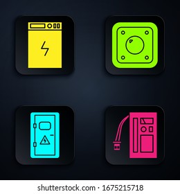 Set Battery, Power bank, Electrical cabinet and Electric light switch. Black square button. Vector