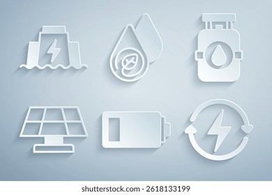 Set Battery, Propane gas tank, Solar energy panel, Recharging, Water and Hydroelectric dam icon. Vector