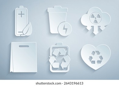 Set Battery with recycle, Acid rain and radioactive cloud, Shopping bag, Eco friendly heart, Lightning trash can and nature leaf battery icon. Vector