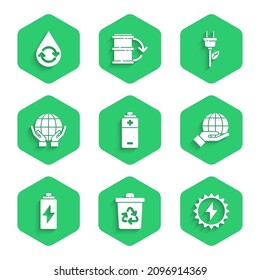 Set Battery, Recycle bin with recycle, Solar energy panel, Hand holding Earth globe, Hands, Electric saving plug leaf and clean aqua icon. Vector