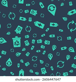 Set Battery, Recycle clean aqua, Recycle bin with recycle and Refresh on seamless pattern. Vector