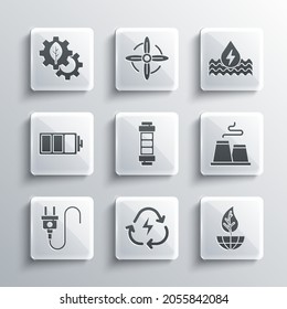 Set Battery with recycle, Earth globe and leaf, Factory, Electric plug, Leaf plant in gear machine and Water energy icon. Vector