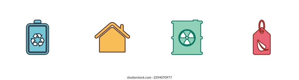 Set Battery with recycle, House, Radioactive waste in barrel and Tag leaf icon. Vector