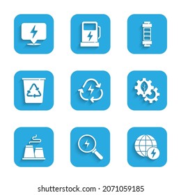 Set Battery with recycle, Lightning bolt, Global energy power planet, Leaf plant gear machine, Factory, Recycle bin,  and  icon. Vector