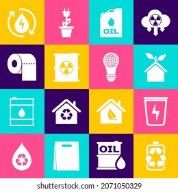 Set Battery with recycle, Lightning trash can, Eco friendly house, Canister machine oil, Radioactive waste barrel, Toilet paper roll, Recycle cleanaqua y bulb world icon. Vector