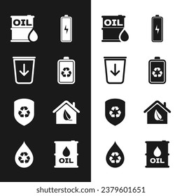 Setzen Sie den Akku mit Recycling, An den Müll senden, Ölfass, Recycling im Inneren des Schildes, Eco-freundliches Haus und sauberes Aqua-Symbol. Vektorgrafik