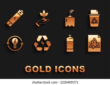 Set Battery with recycle symbol, Recycle bin, Paper, Plastic bottle, and light bulb lightning, Sprout,  and Plant hand of environmental protection icon. Vector