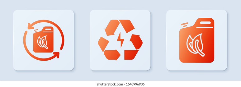 Batterien mit Recyclingsymbol, Biokraftstoffkanister und Biokraftstoffkanister setzen. Weißer Quadrat-Knopf. Vektorillustration