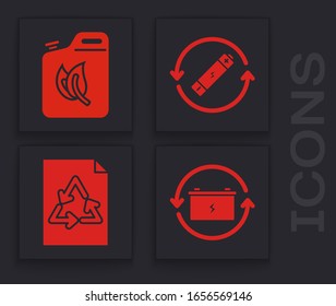 Set Battery with recycle symbol, Bio fuel canister, Battery with recycle symbol line and Paper with recycle icon. Vector